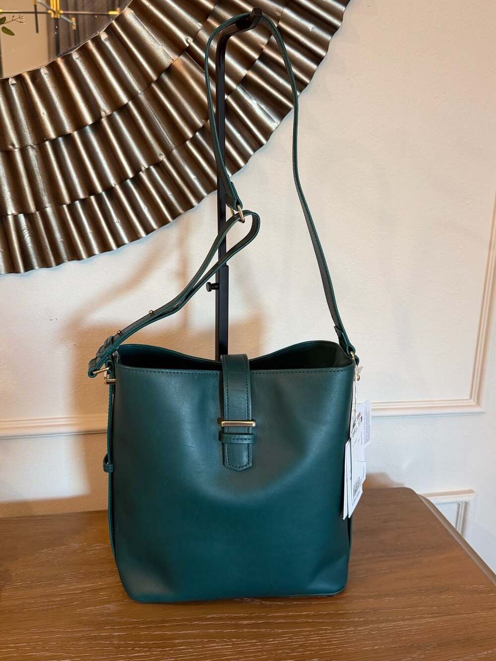& Other Stories Paris Atelier Green Leather Bucket Bag with Gold Bar Closure